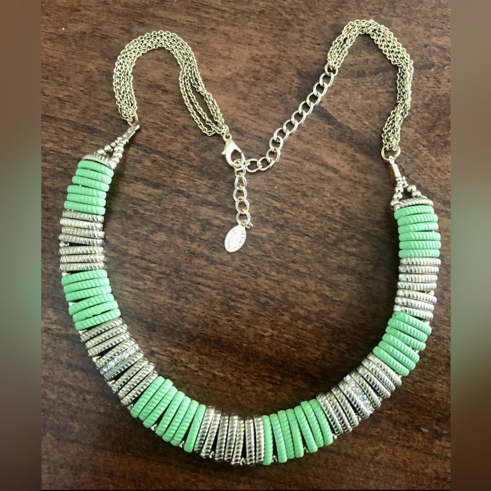 Ali Khan New York Signed Green Silver With Rhinestones Necklace 18”